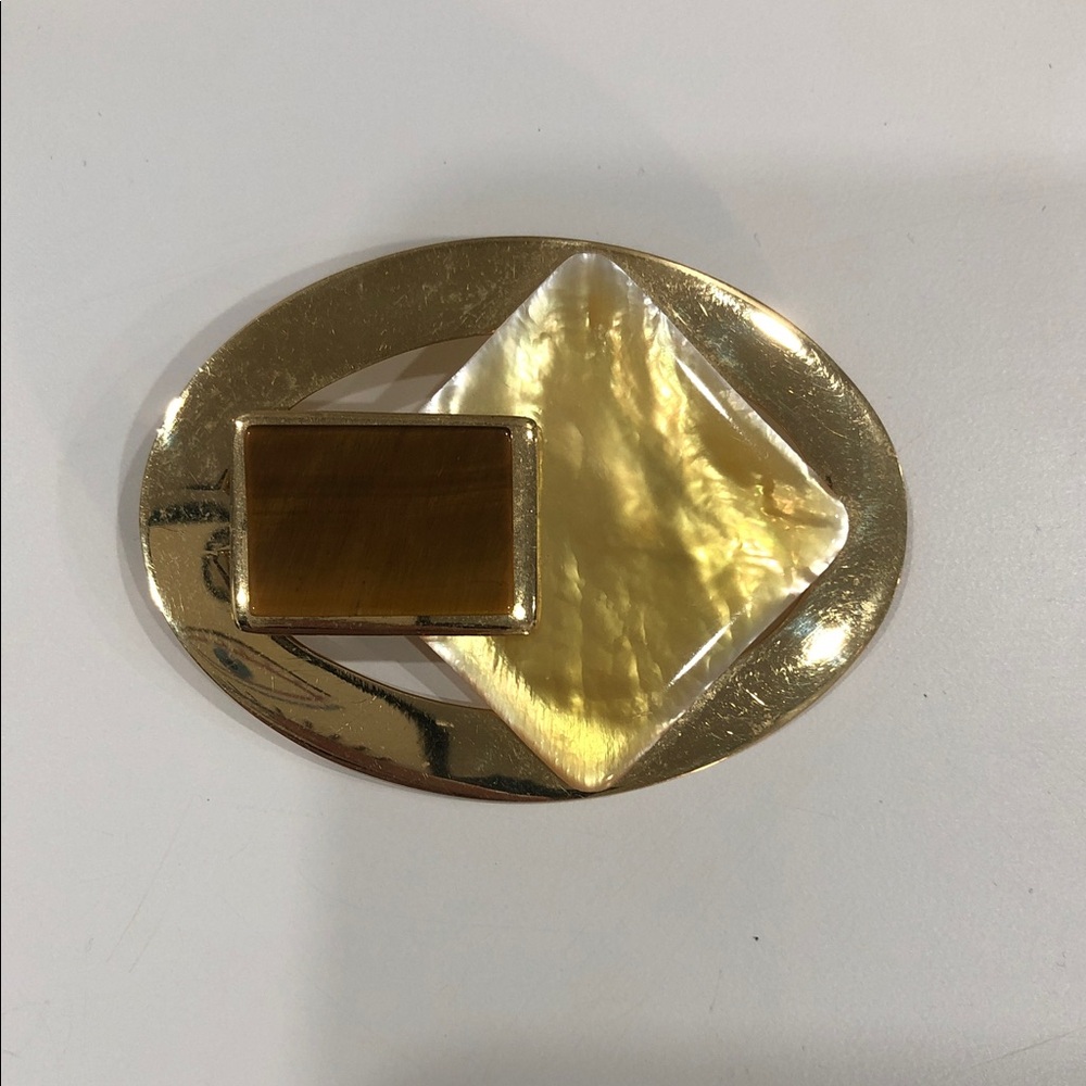 Vintage 80s Gold-tone Brooch w/Tiger's Eye and Mother-of-Pearl details